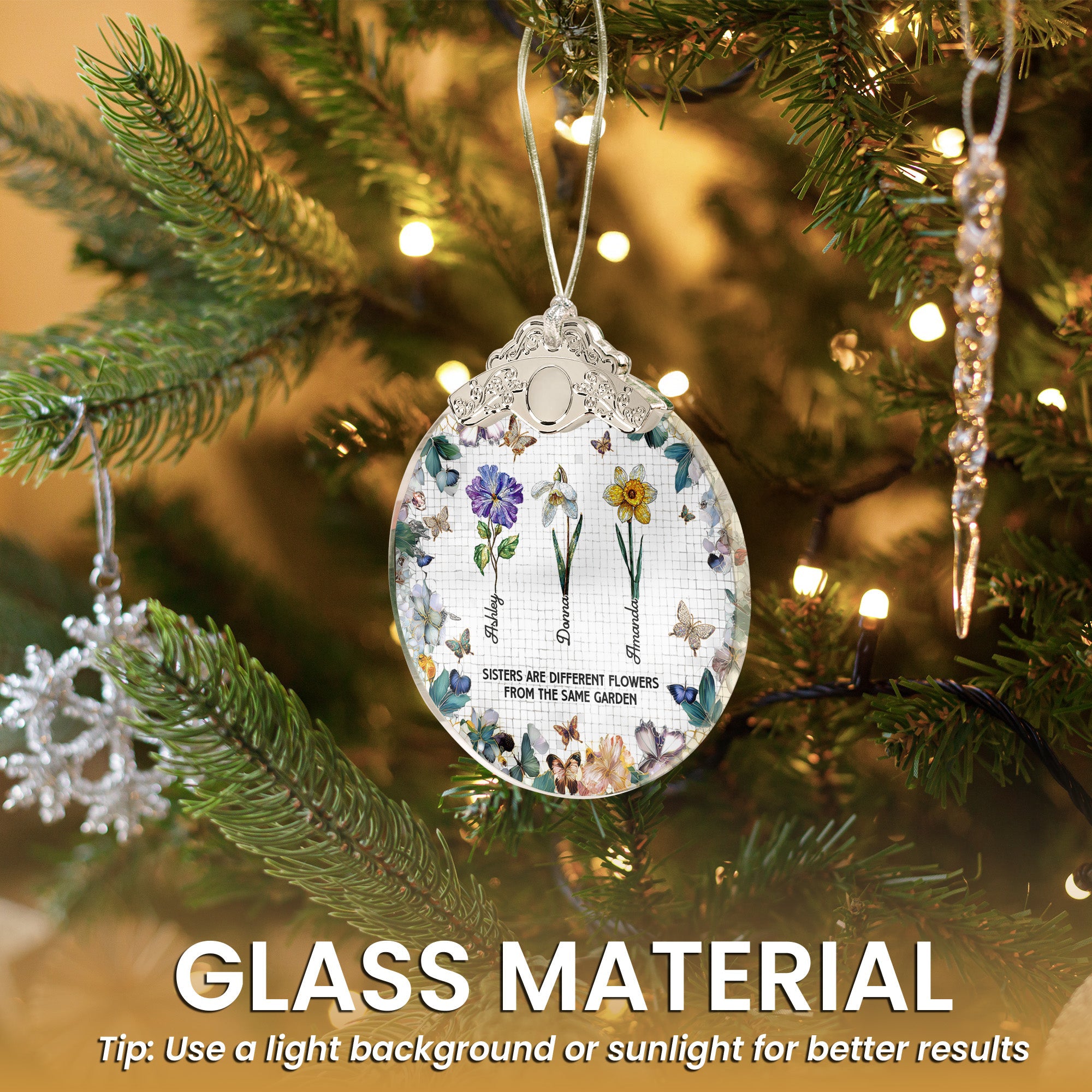Sisters Are Different Flowers Mosaic Style - Personalized Glass Ornament With Silver Cap