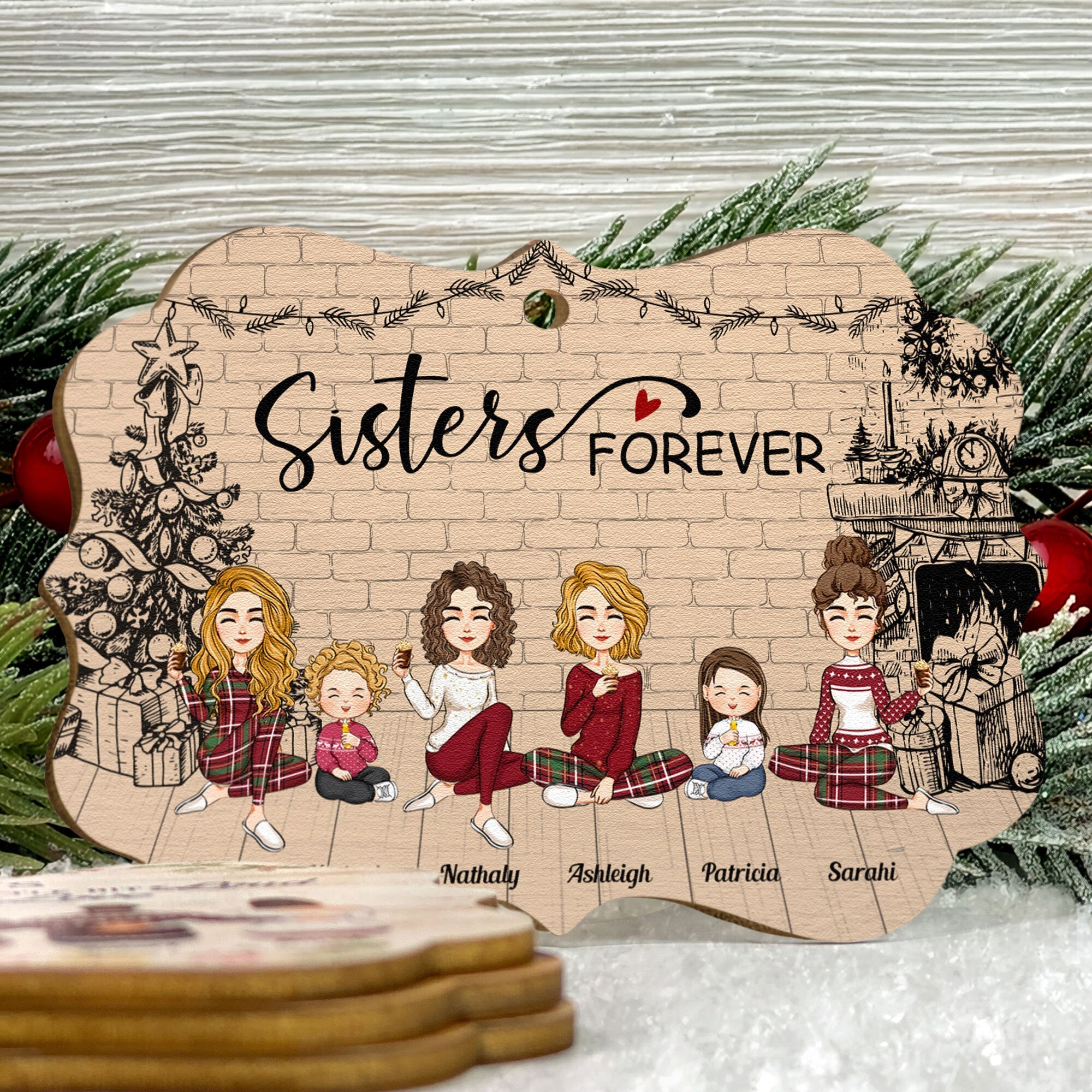 Sisters Forever - Sketch Version - Personalized Wooden Ornament - Christmas, New Year Gift For Sisters, Sistas, Siblings