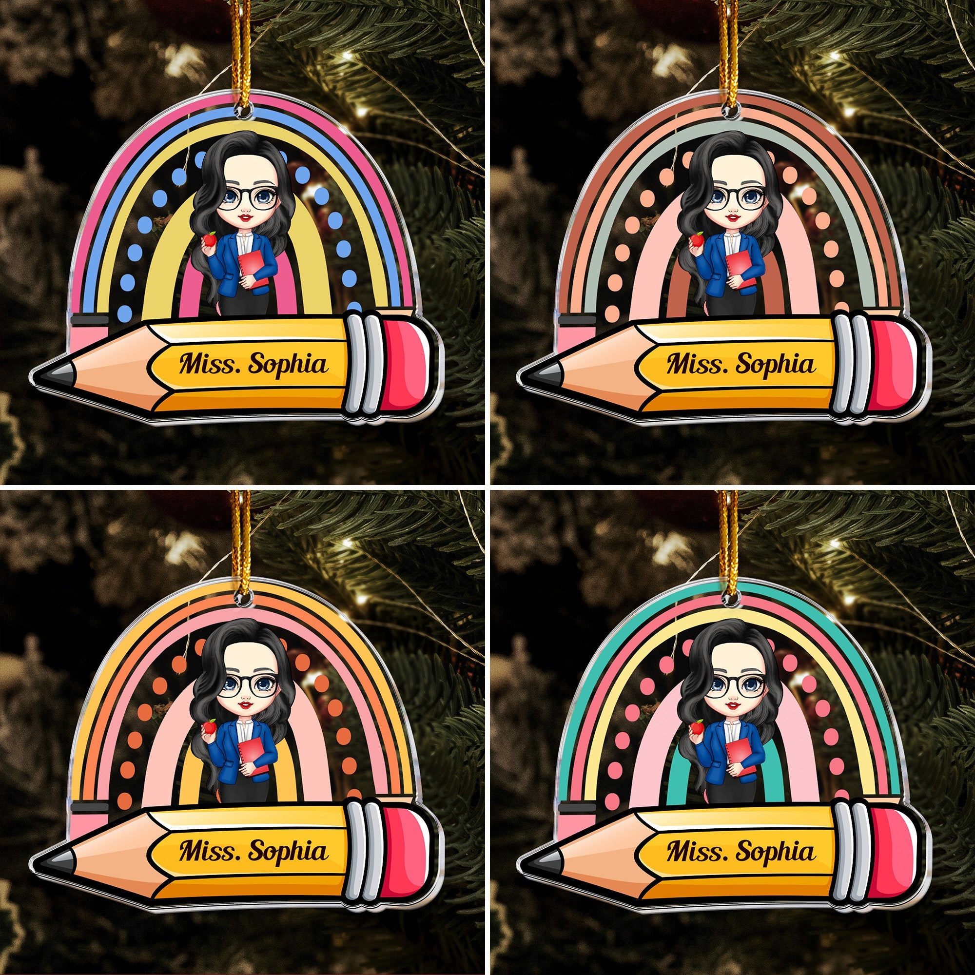 Teacher With Pencil And Boho Rainbow Christmas Ornament - Personalized Acrylic Ornament
