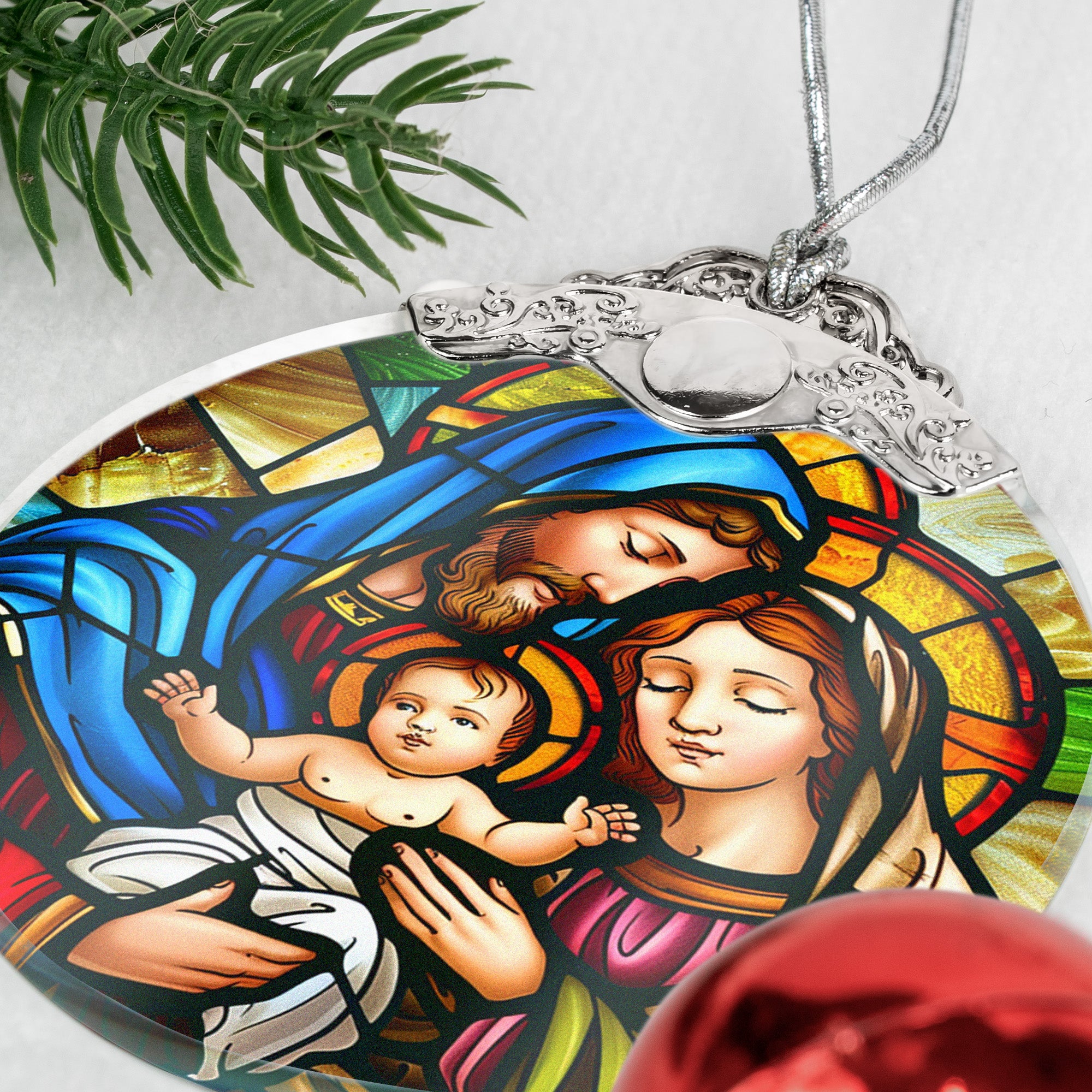 The Holy Family Christmas - Nativity Night - Personalized Glass Ornament With Silver Cap