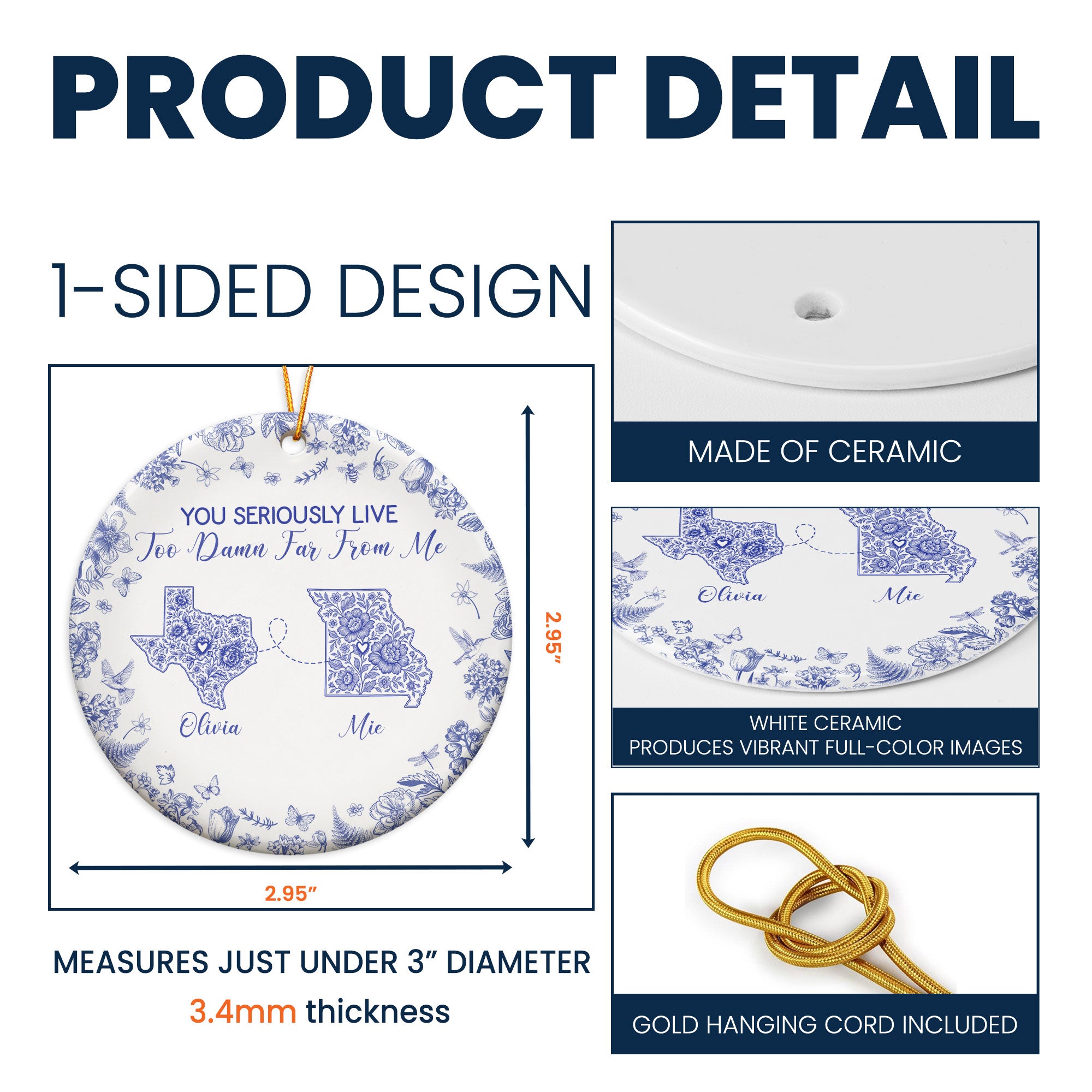 You Seriously Live Too Damn Far From Me Toile De Jouy Custom States - Personalized Ceramic Ornament