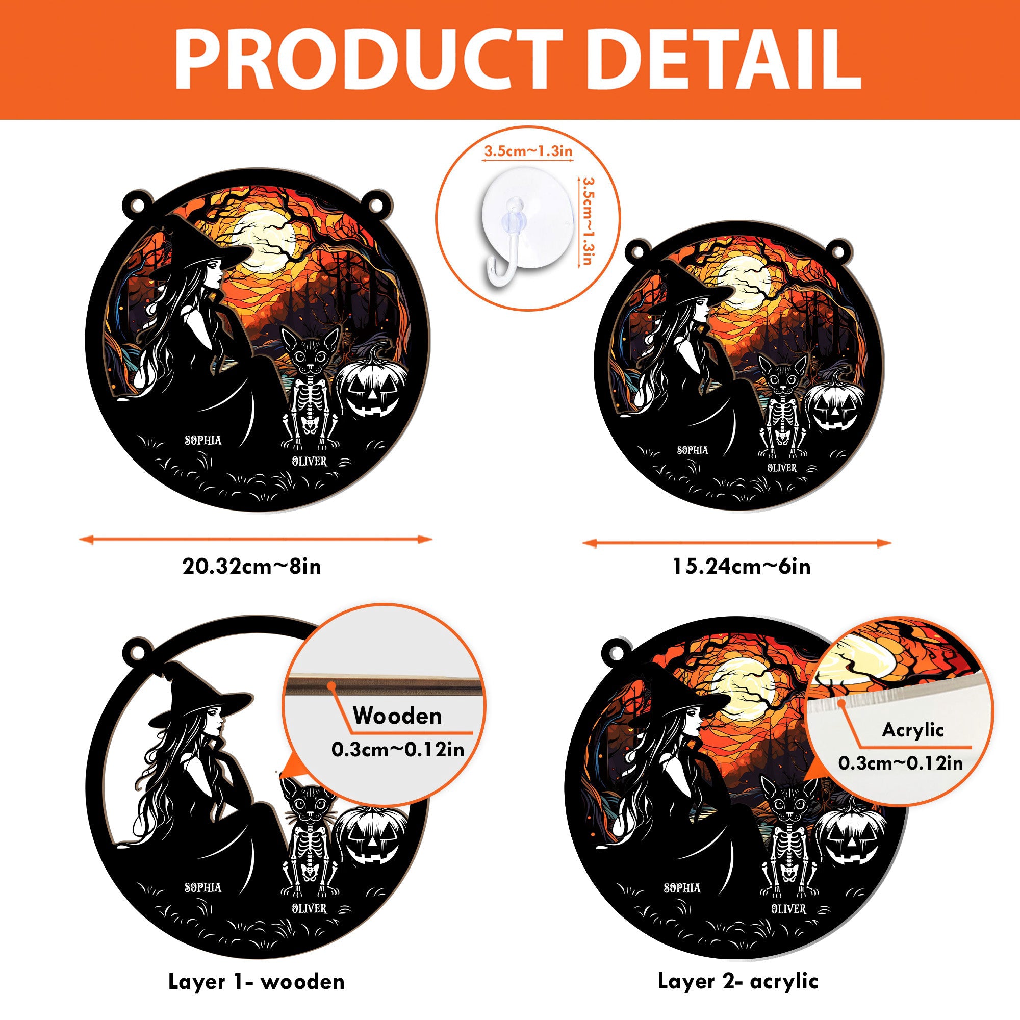 Halloween Witch And Cats Skeleton - Personalized Window Hanging Suncatcher Ornament