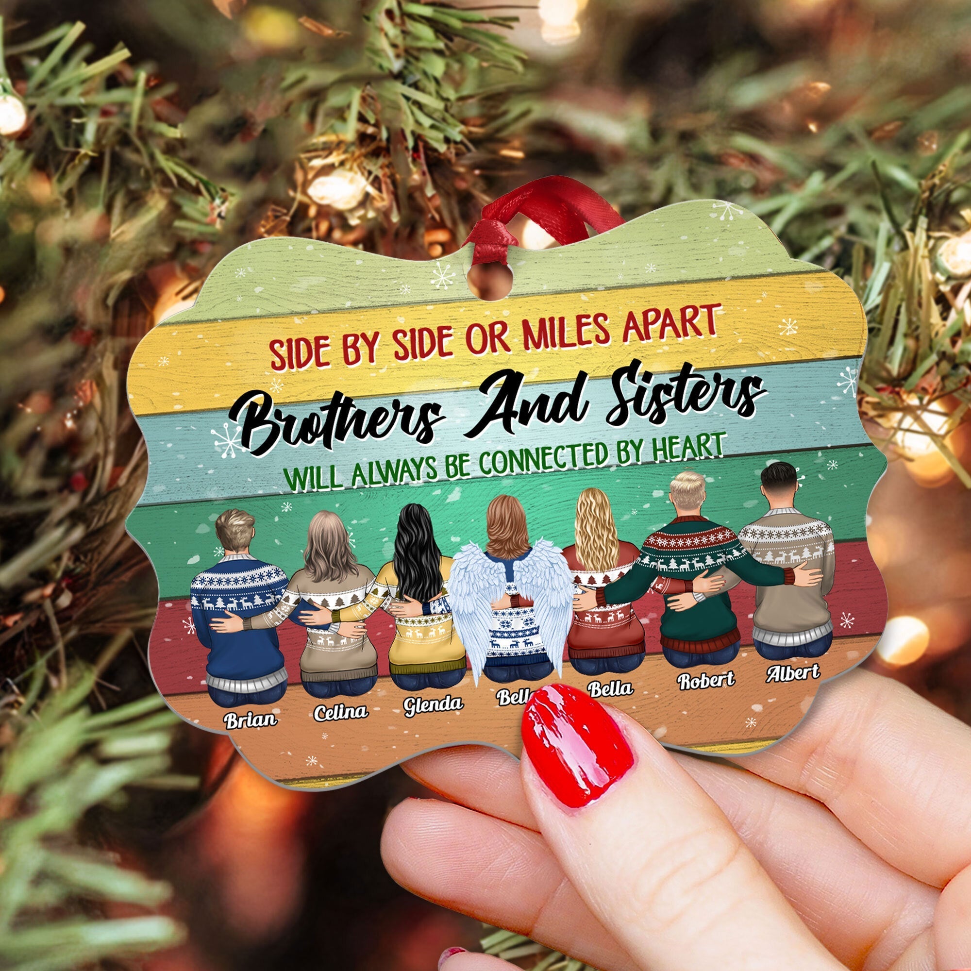 Side By Side Or Miles Apart - Personalized Aluminum Ornament - Family Hugging